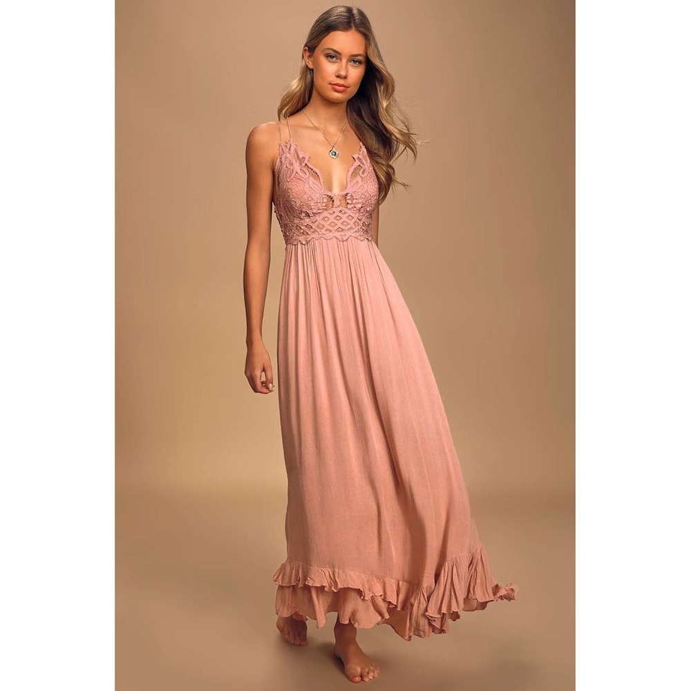 Free People Adella Maxi Slip Dress Rose Pink Crochet Lace Boho Gown Size Medium
